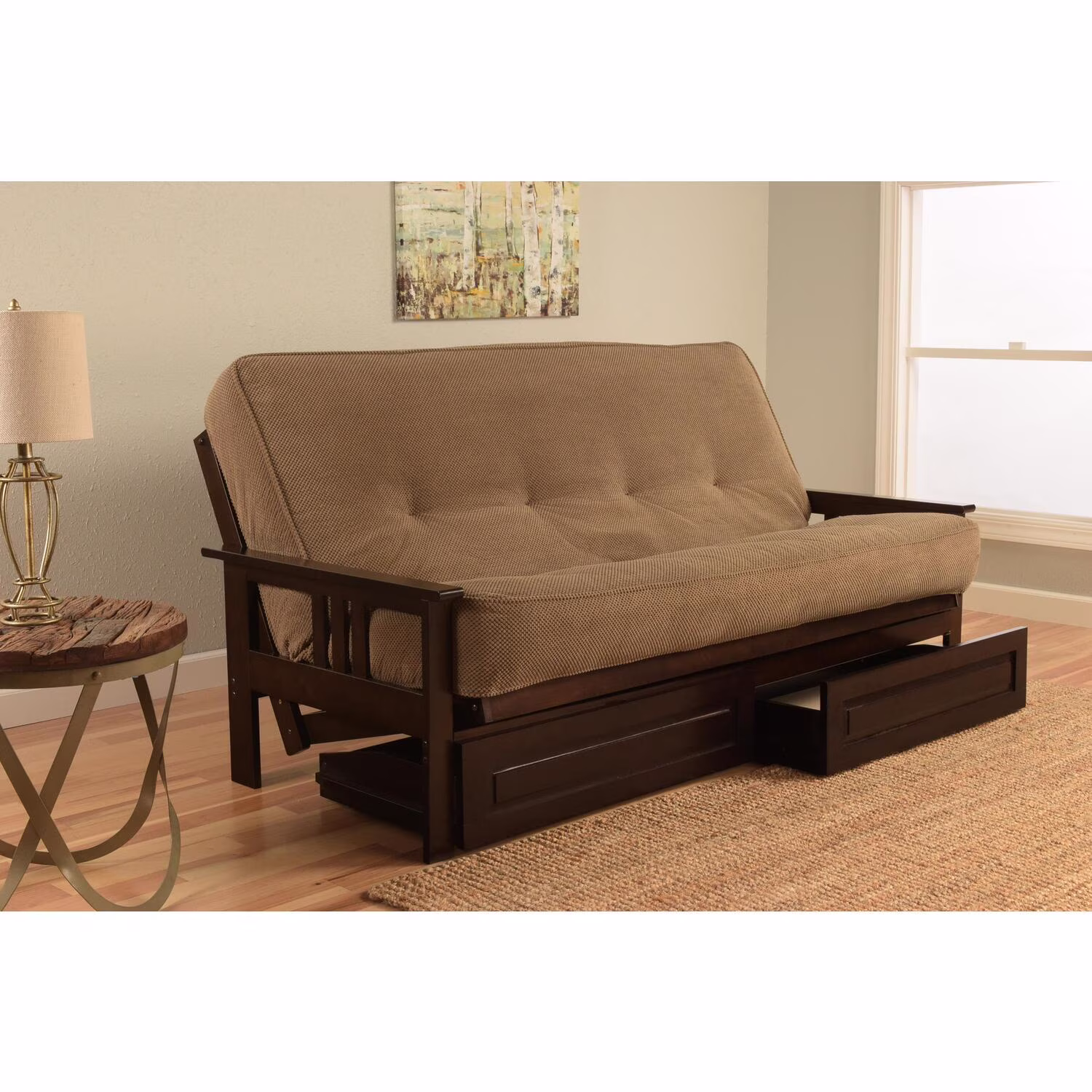 Maykoosh Island Oasis Full Futon Frame Set with Mattress and Storage Drawers, Classic Foldable Frame, Converts to Bed – 79 L x 37 D x 33 H-Color:Barbados,Style:Suede Navy Mattress