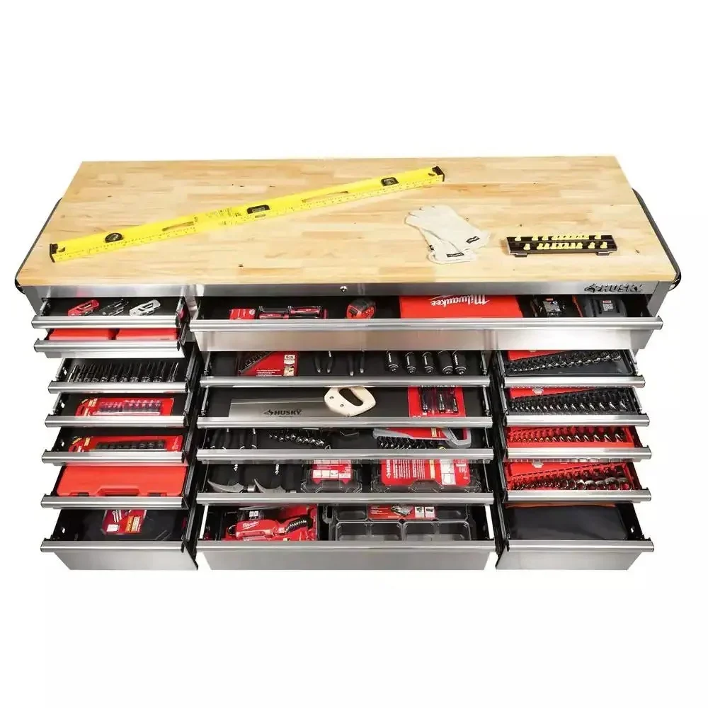 72 in. 18-Drawer 24 in. D Mobile Workbench With Solid Wood Top - Stainless Steel