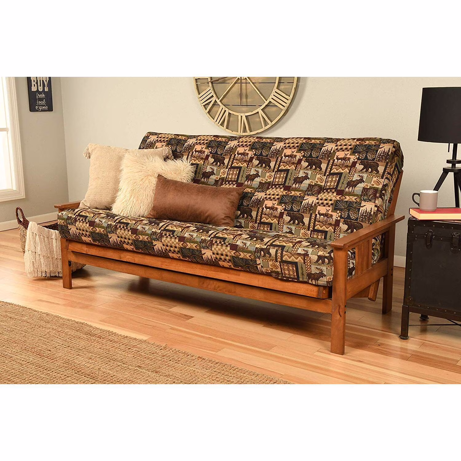Homestock African Artifacts Full Size Futon Frame Set with Mattress, Easily Converts to Bed, Versatile Design Futon Frame for All Spaces, 33"H x 79"L x 37"D-Color:Linen Charcoal,Size:Barbados