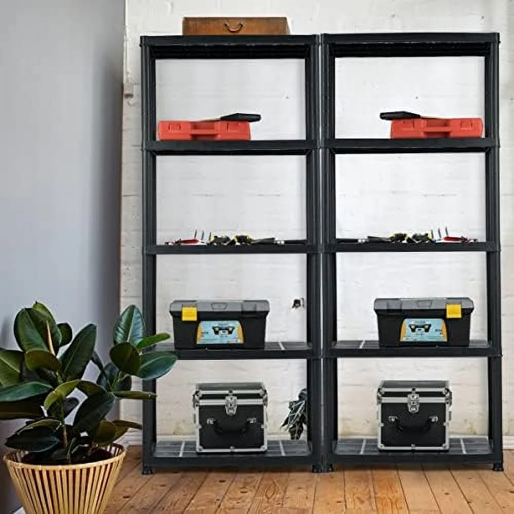 5 Tier Plastic Storage Shelves, Easy to Assemble Garage Rack, Multi-Use Free Standing Shelf Unit, Heavy Duty Shelving for Home Office, Black(2, 36L X 18W X 73H)