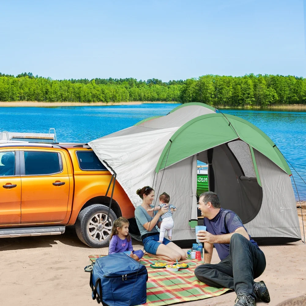 Outsunny SUV Tent, 2000mm Waterproof Truck Tent with 3 Doors and Mesh Window, for 5-6 Person Camping Outdoor Travel, 7.5' L x 6.9' W x 6.9' H, Gray and Green