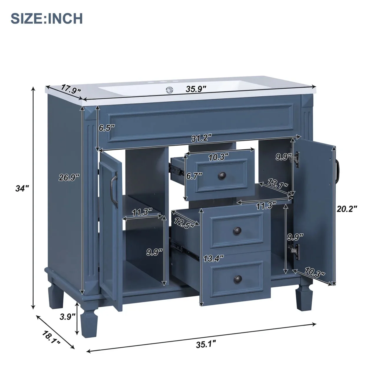 36'' Bathroom Vanity Set With Ceramic Sink Top, Mirror Cabinet, 2 Doors And 2 Drawers - Gray