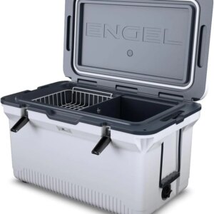 60 QT Ultra-Light Injection Molded Cooler - Ice Chest Keeps Ice up to 7 Days - Large Cooler Includes Wire Basket, Divider and Built-in Bottle Opener