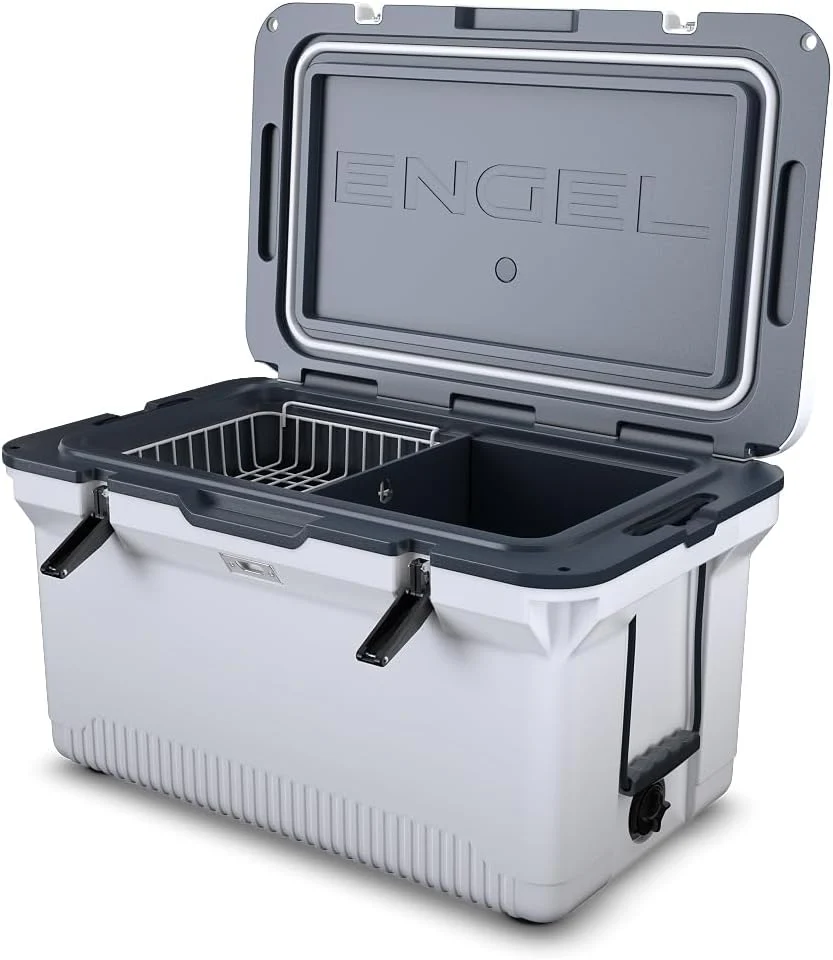 60 QT Ultra-Light Injection Molded Cooler – Ice Chest Keeps Ice up to 7 Days – Large Cooler Includes Wire Basket, Divider and Built-in Bottle Opener