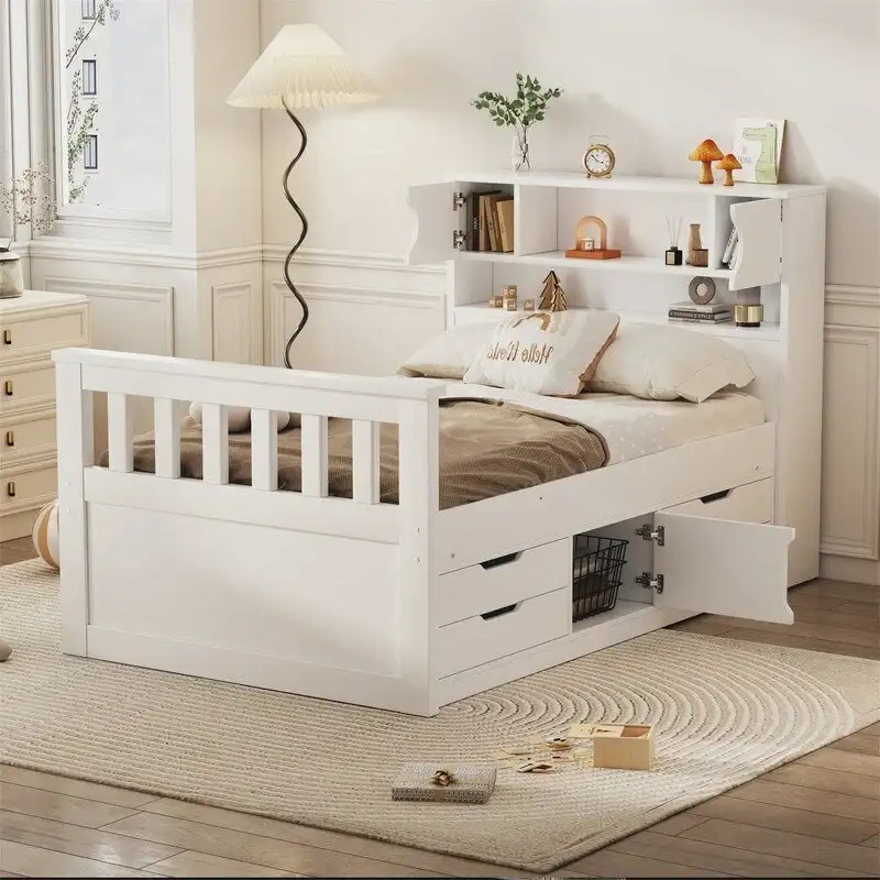 Twin/Full Size Captain Platform Bed with 4 Drawers and Storage Shelves, Solid Wood Bed Frame with Storage Bookcase Headboard