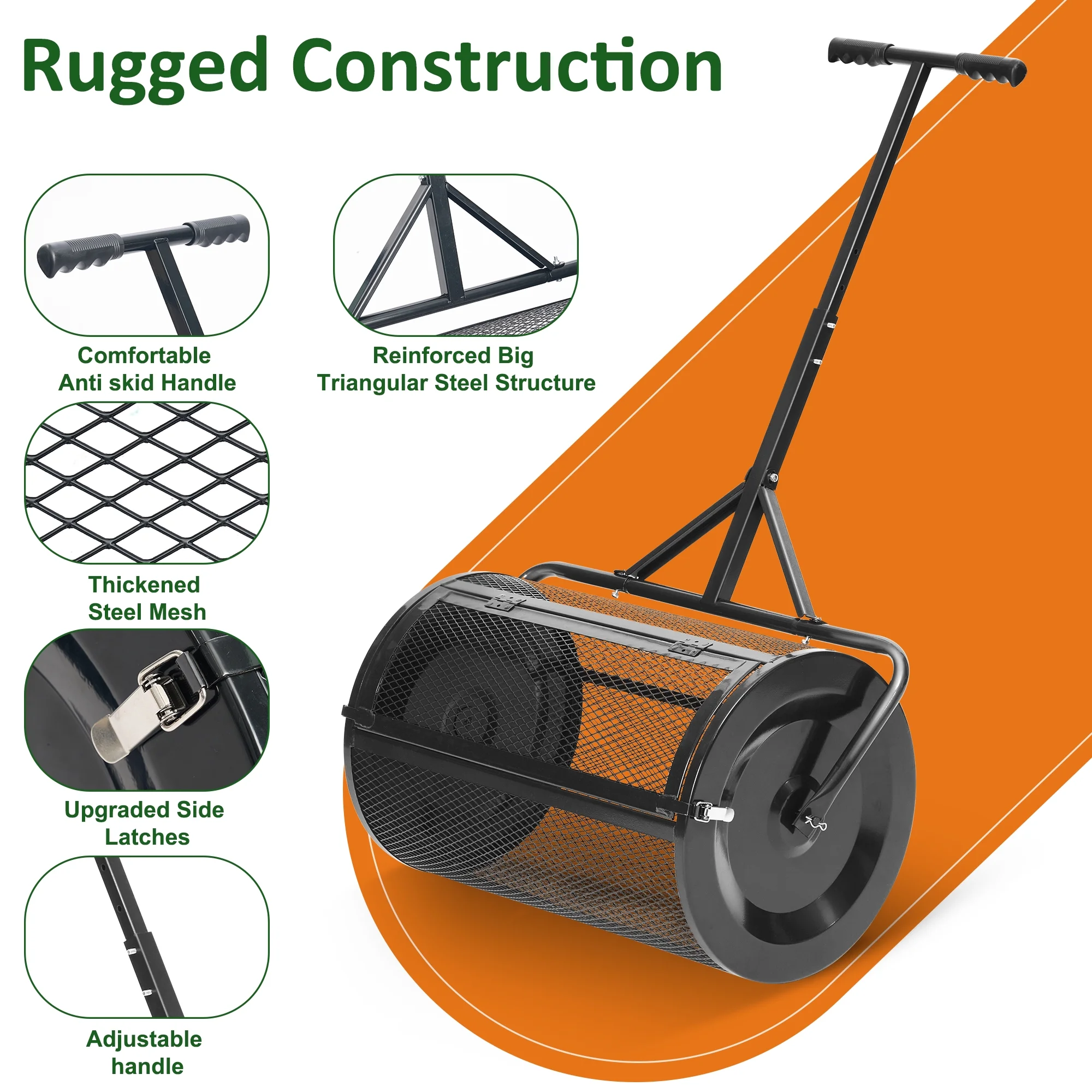 MUCHANT 24" Compost Spreader, Heavy-Duty Metal Mesh Spreader with Adjustable Handle for Lawn, Green