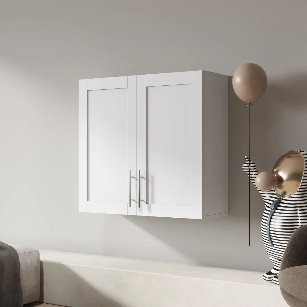 Stackable Wall Cabinet,Hanging Wall Mount Storage Cabinet with Adjustable Shelves and Doors,Sideboard Buffet Cupboard,Console Table,White Wood Finish,11.81 “D x 31.50″W x 29.92 “H