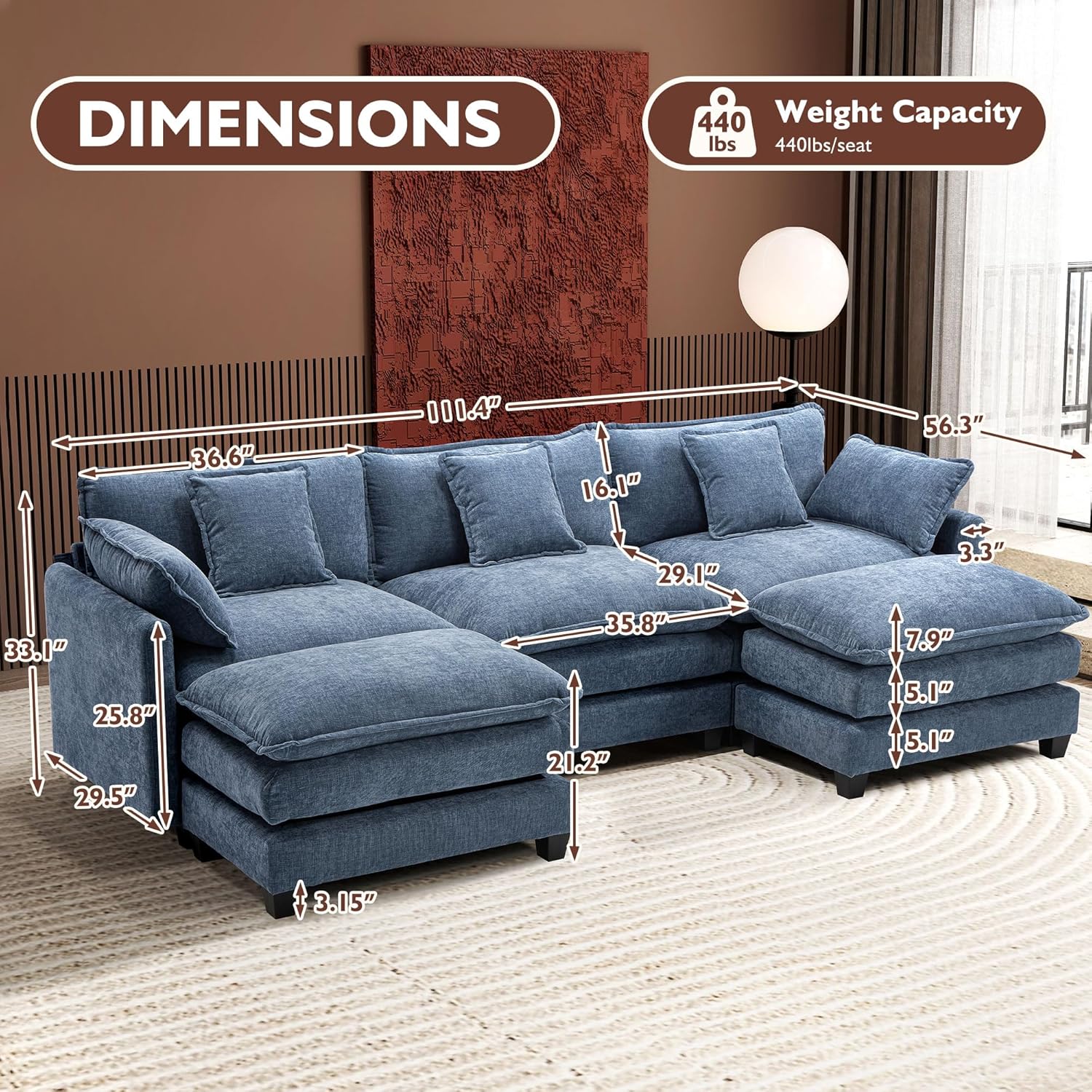 Ihanherry 146" U-Shaped Modern Sofa Modular Sectional Cloud Couch with 2 Ottoman, 6-Seat Chenille Deep Seat Sofa with 6 Pillows for Living Room, Bedroom and Apartment, Grey