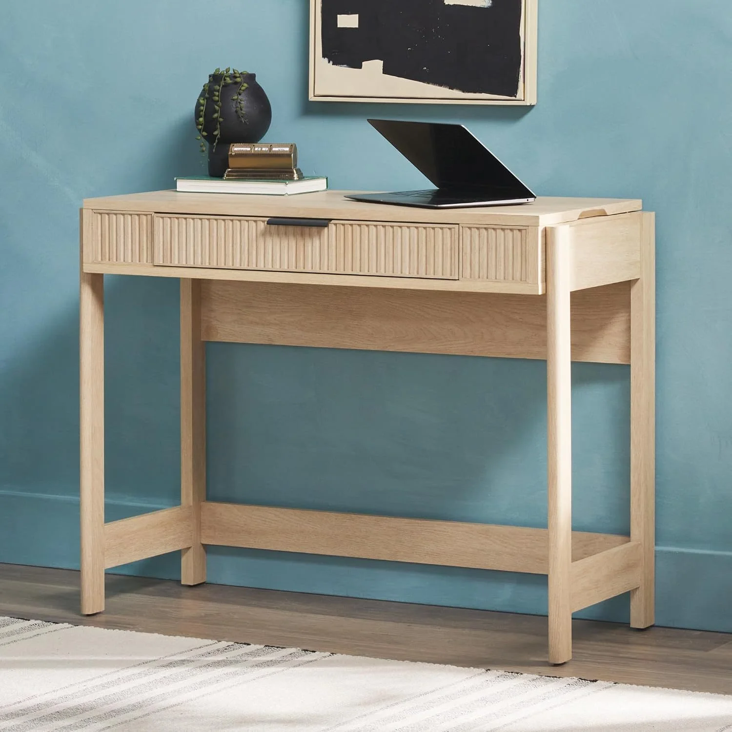 LHHP Transitional Style Furniture, Reeded Detail, Lift-Top Desk with Drawer and Storage Cubby, Sitting to Standing Desk, Soft Self-Close Desktop, 38W x 16.75D x 30H, Coastal Oak