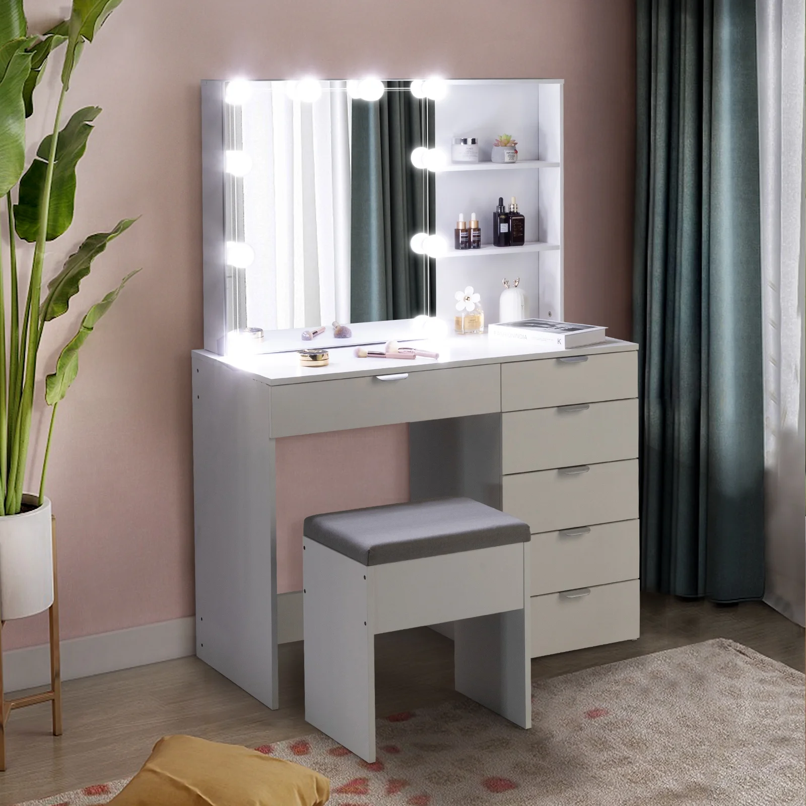 Ktaxon Vanity Set with 3 Color Lighted Mirror, Makeup Table with 6 Drawers, Dressing Table Makeup Desk with Stool, White