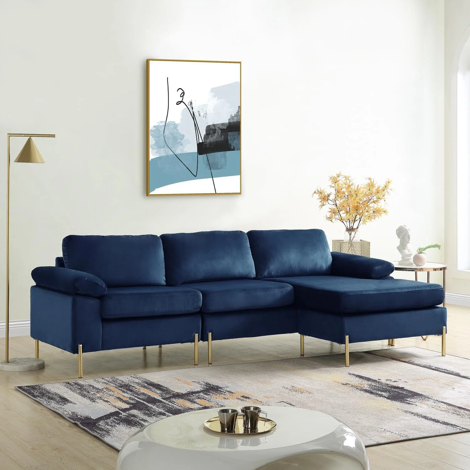 HomeStock Luxe Modern Velvet L-Shape Sectional Sofa with Square Padded Armrests, Solid Pattern Upholstery - 51.6"D x 101.2"W x 33.1"H, Comfortable and Stylish Seating for Living Room-Color:Gray/Gold