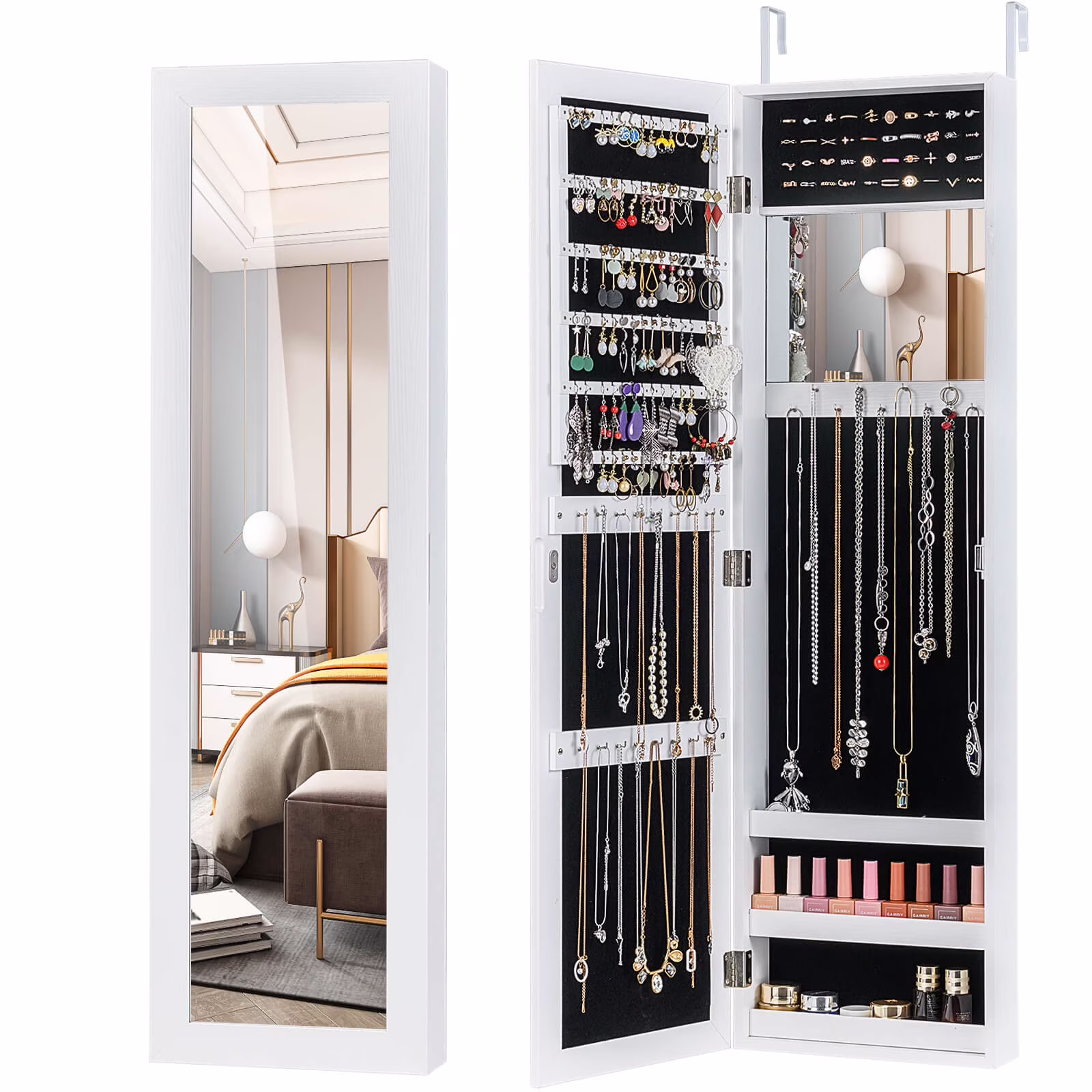 Costway Wall Door Mounted Mirrored Jewelry Cabinet Storage Organizer-Black