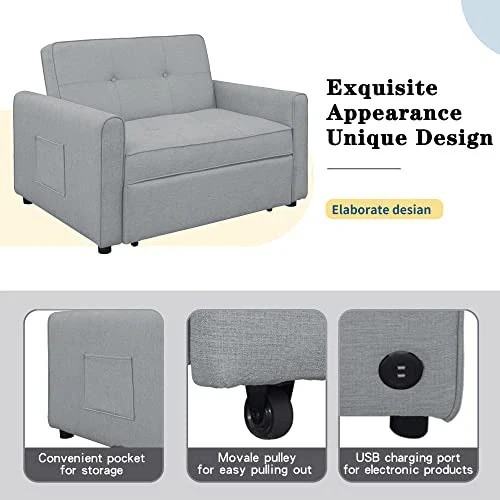 g 488243 Convertible Sleeper Sofa Bed MultiFunctional Adjustable Single Bed Chair with USB Port and 2 Pillows for Small Space Grey