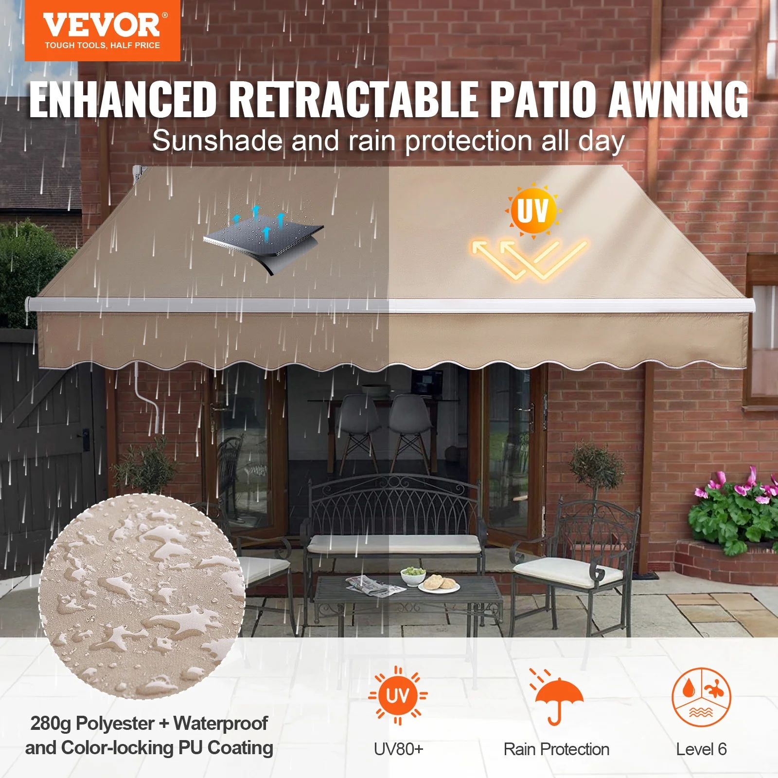 KFFKFF Patio Awning Retractable 8′ x 7′ Awning Sunshade Shelter with Crank Handle