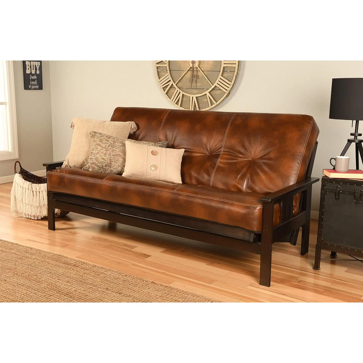 Homestock African Artifacts Full Size Futon Frame Set with Mattress, Easily Converts to Bed, Versatile Design Futon Frame for All Spaces, 33"H x 79"L x 37"D-Color:Linen Charcoal,Size:Barbados