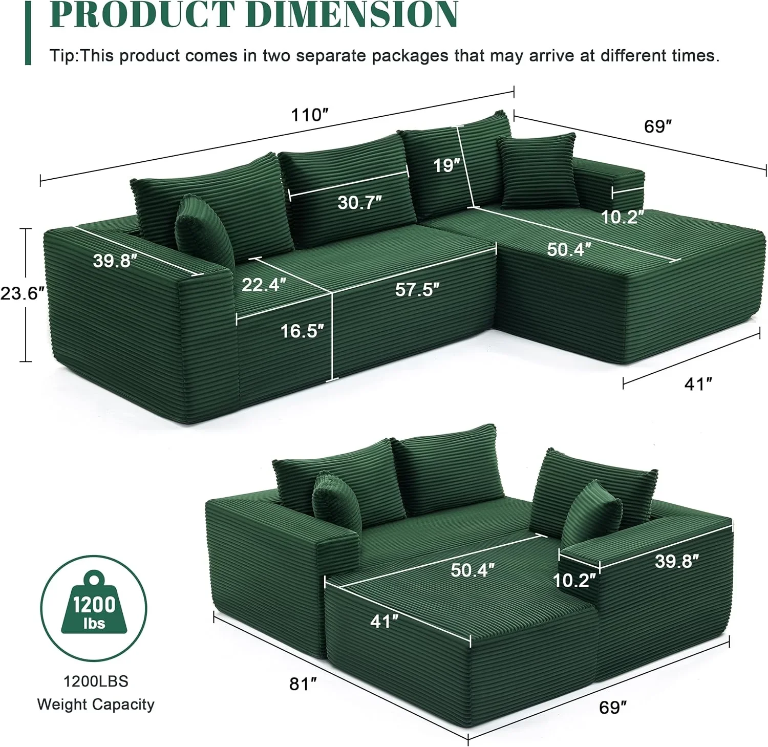 110 Cloud Sectional Couch, Boneless Sofa for Living Room Modular Sectional Sofa with Deep Seat
