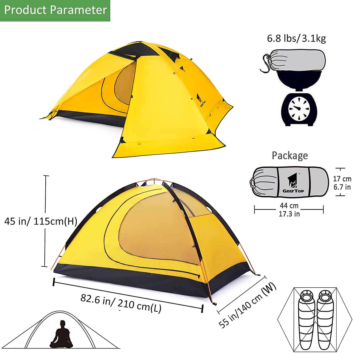 Geertop 2-Person Ultralight Camping Tent, Waterproof Double Layer, 55 x 83 Inches