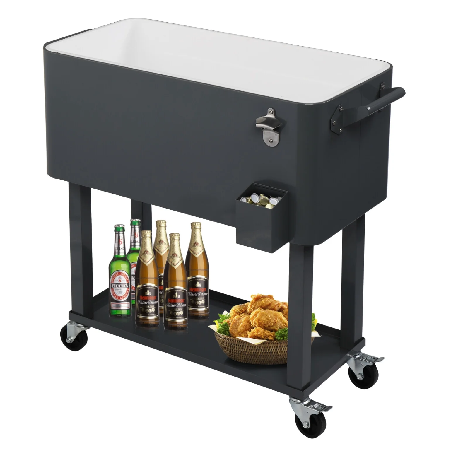 80Qt All-In-One Cooler Cart With Bottle Opener, Lower Storage Shelf and Cap Catcher, Outdoor Party Rolling Cooler With Lockable Wheels For Pool Side, Patio, Balcony, Mint(33.07 x 15.16 x 35.83)"