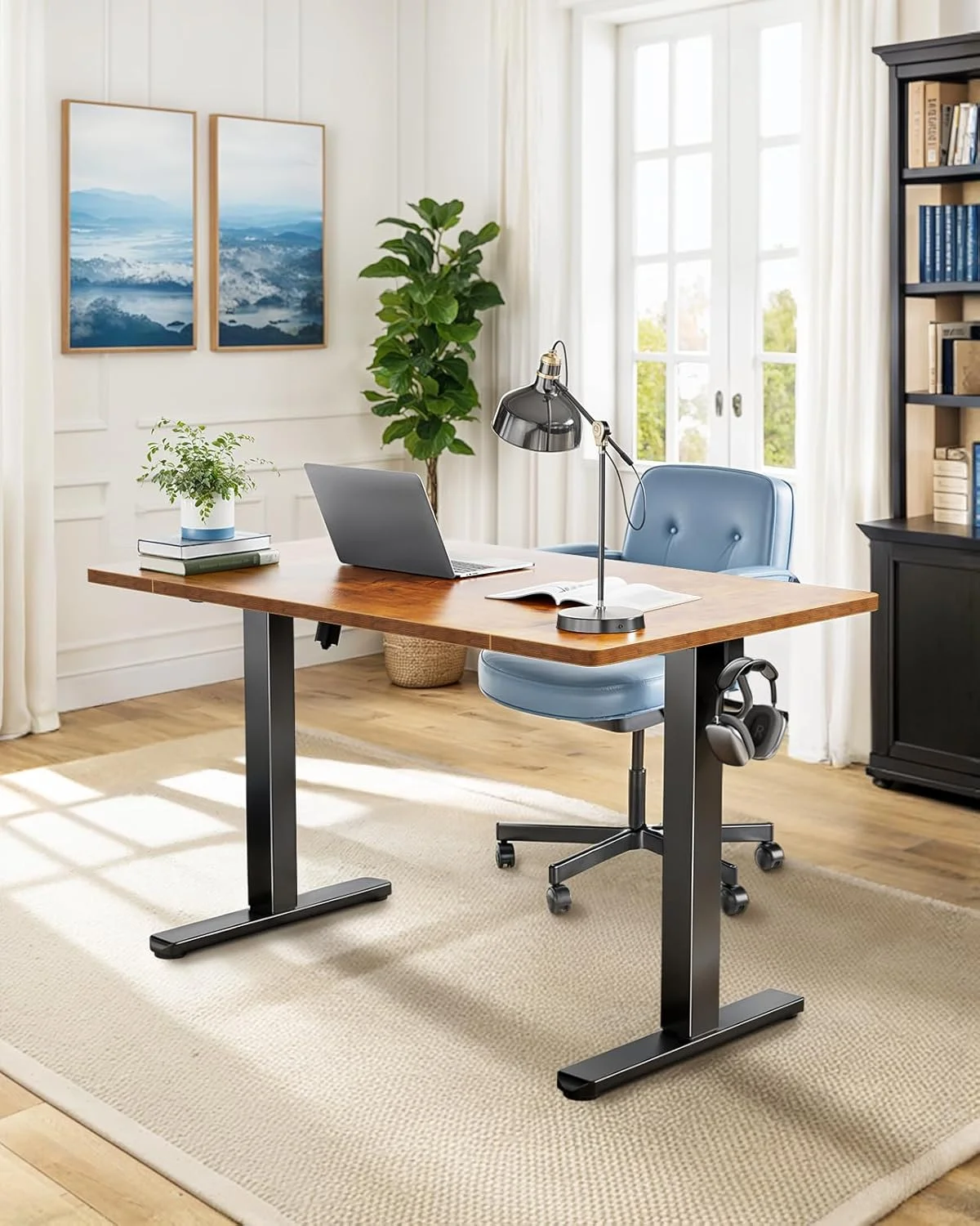 UANUO 48 x 24 inch Electric Standing Desk, Height Adjustable Table with Headphone Hooks & Cable Manager, Sit to Stand up Desk for Home Office, Vintage Brown