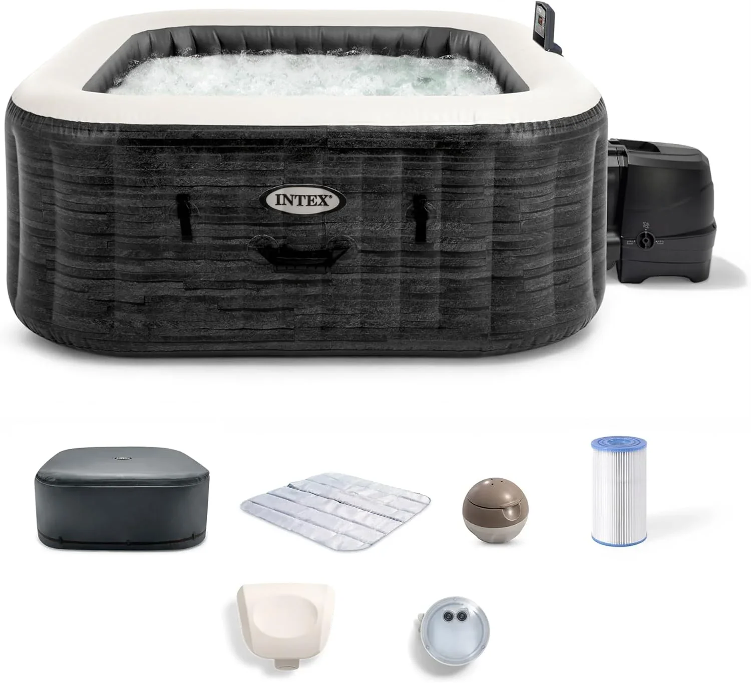 INTEX PureSpa Greystone Deluxe 4 Person Square Inflatable Hot Tub, Bubble Massage Spa