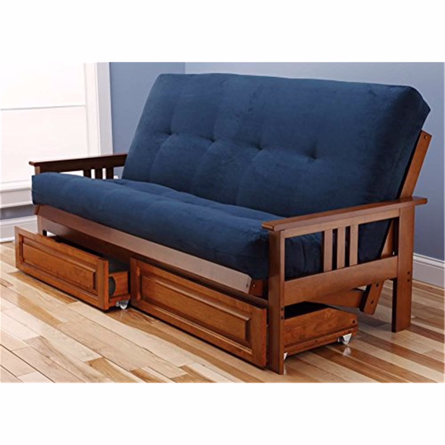 Maykoosh Island Oasis Full Futon Frame Set with Mattress and Storage Drawers, Classic Foldable Frame, Converts to Bed – 79 L x 37 D x 33 H-Color:Barbados,Style:Suede Navy Mattress