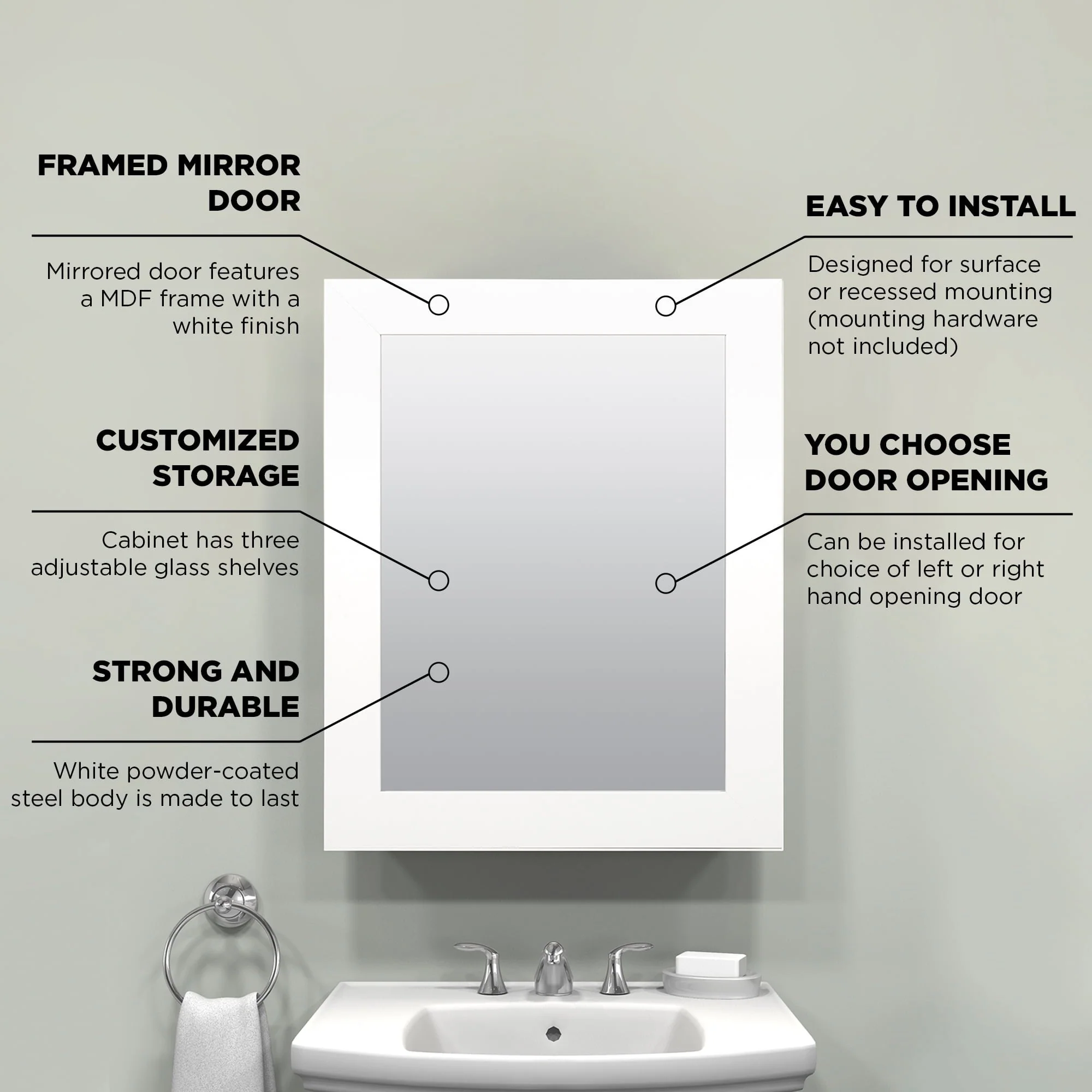 Zenna Home Recessed/Wall Mount Framed Mirror Medicine Cabinet, 24.5″ x 30.5″, White
