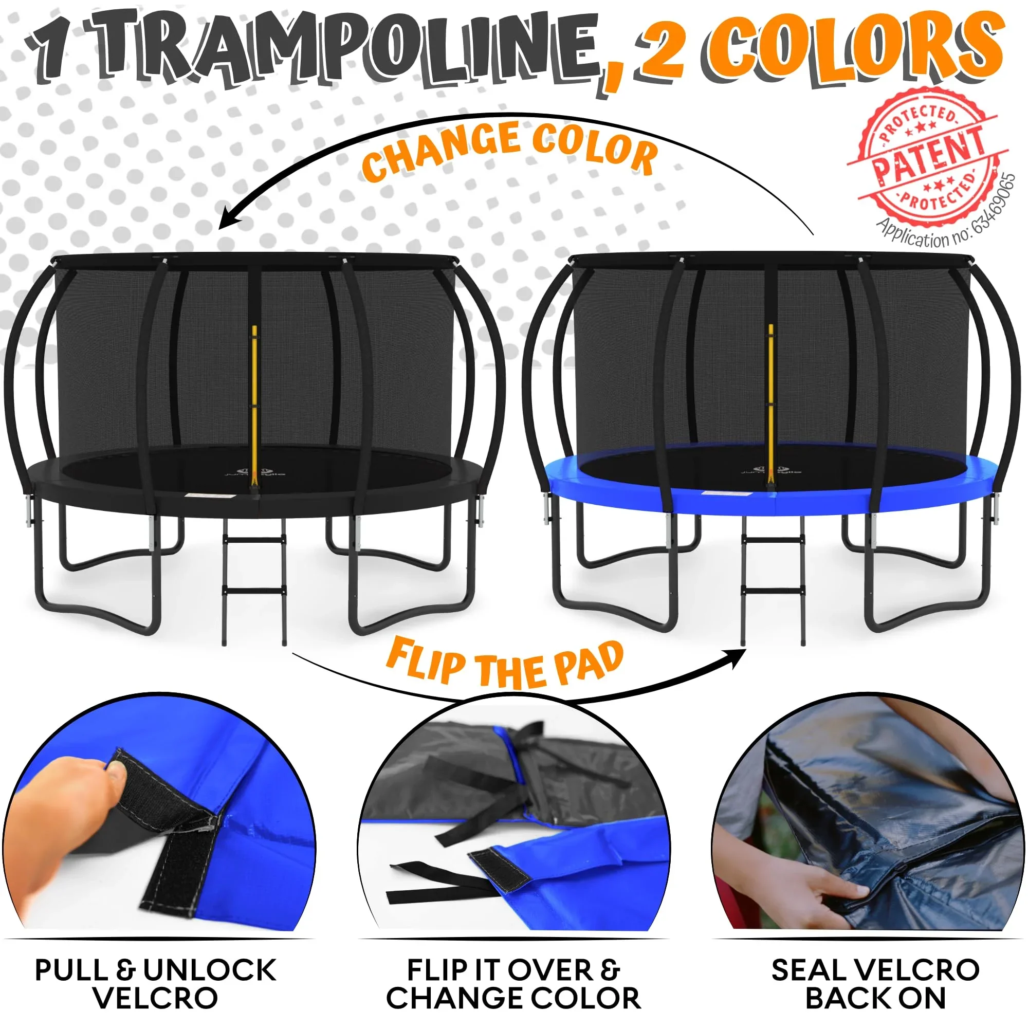JUMPZYLLA Outdoor Trampoline With Enclosure, 8FT, Black & Blue - 14FT