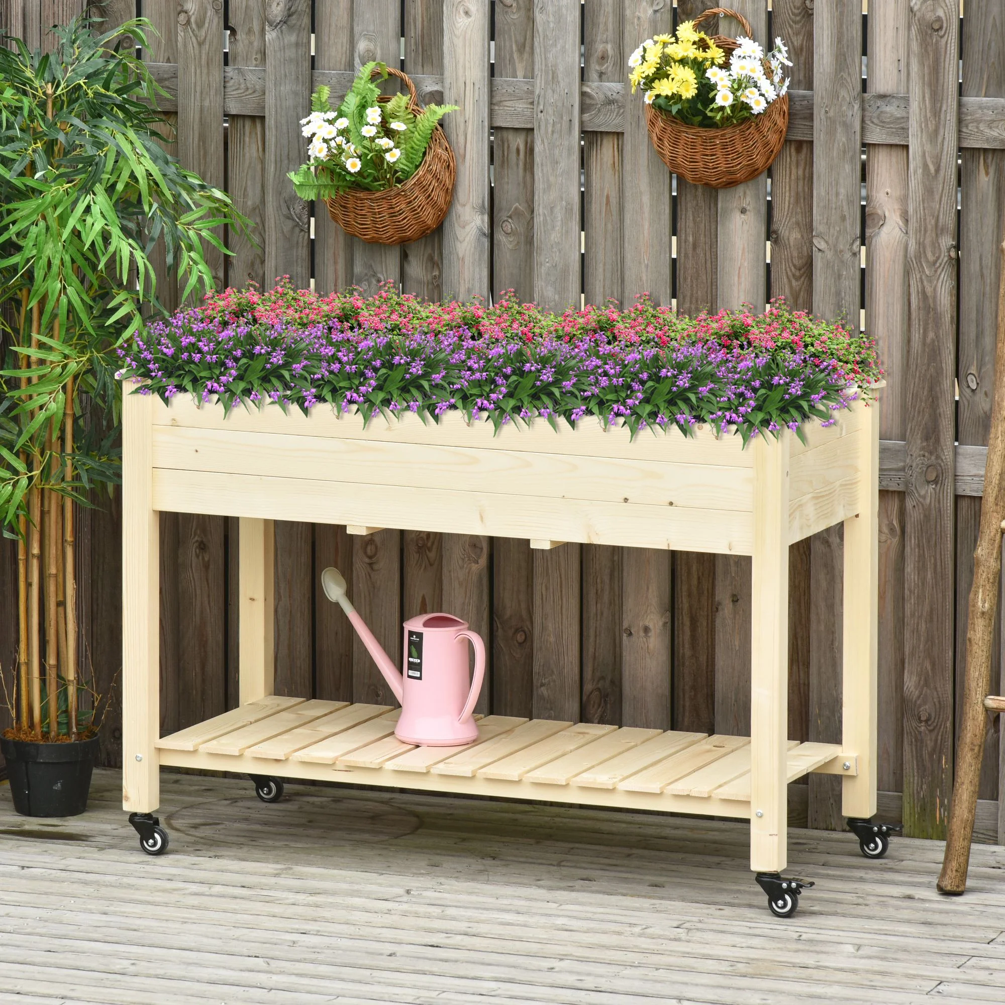 DUOSONG Outsunny Raised Garden Bed, 47" X 22" X 33", Elevated Wooden Planter Box W/ Lockable Wheels, Storage Shelf, And Bed Liner For Backyard, Patio, Natural Natural Wood Garden & Outdoor Garden
