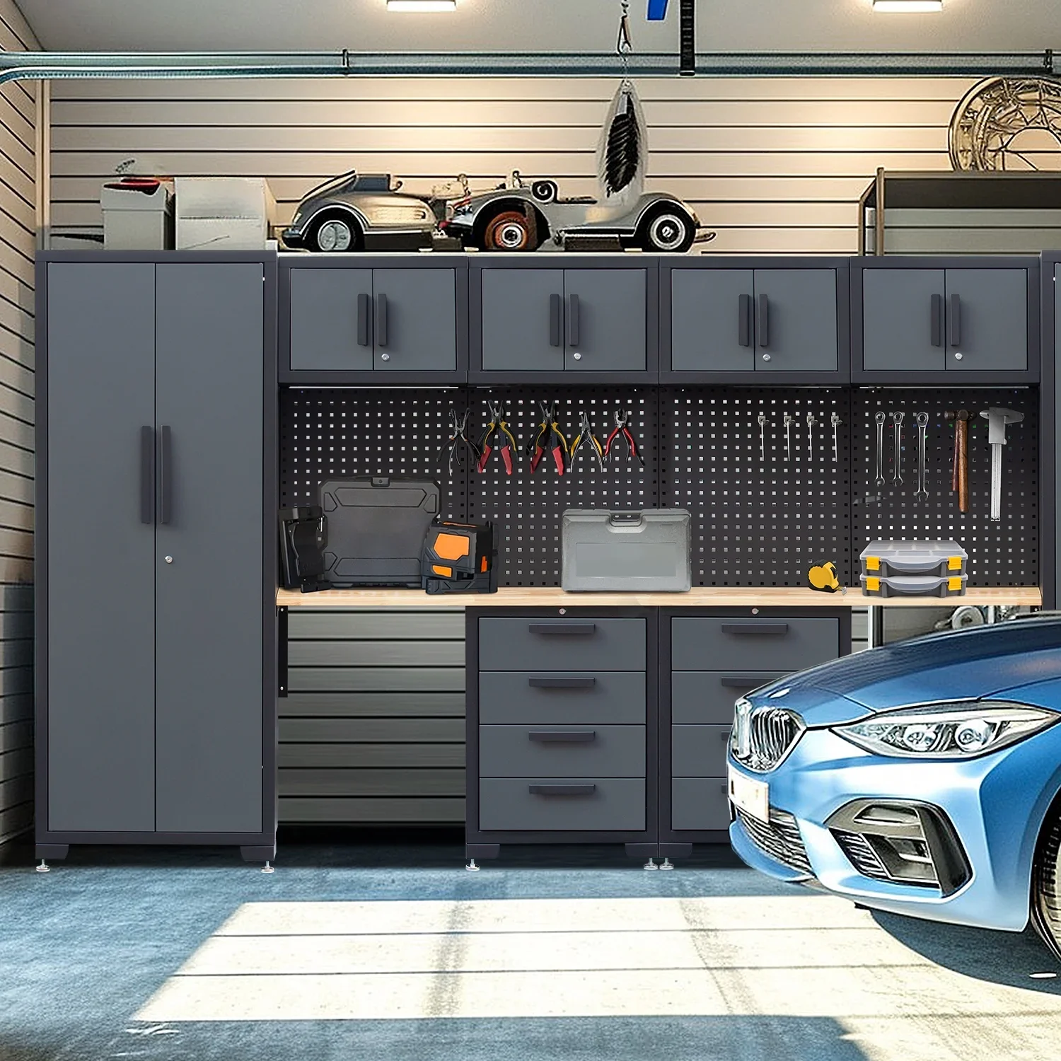 HPDMC 7-Piece Metal Garage Cabinet System With 4-Drawer Roller Cabinet, 47.2 in Workbench And Pegboards