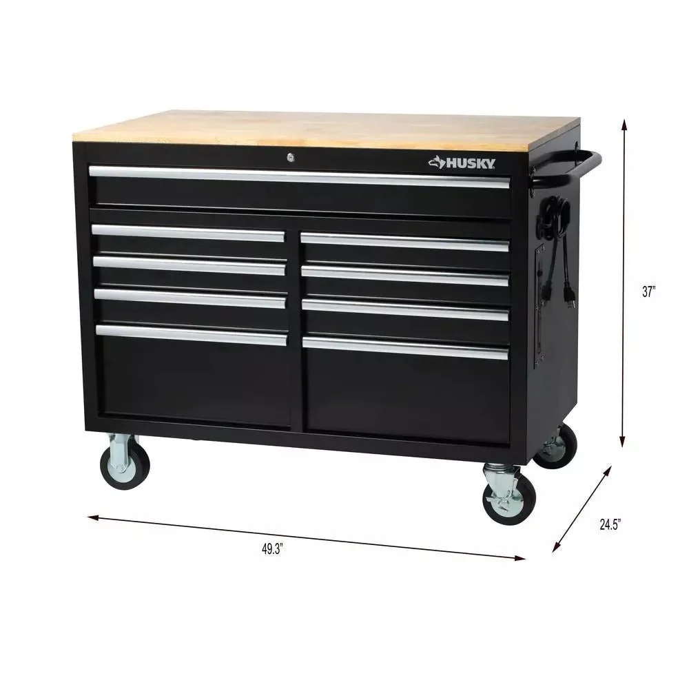 Gloss Black 46′′ 9-Drawer Mobile Tool Chest Workbench with Power Strip & Solid Wood Top