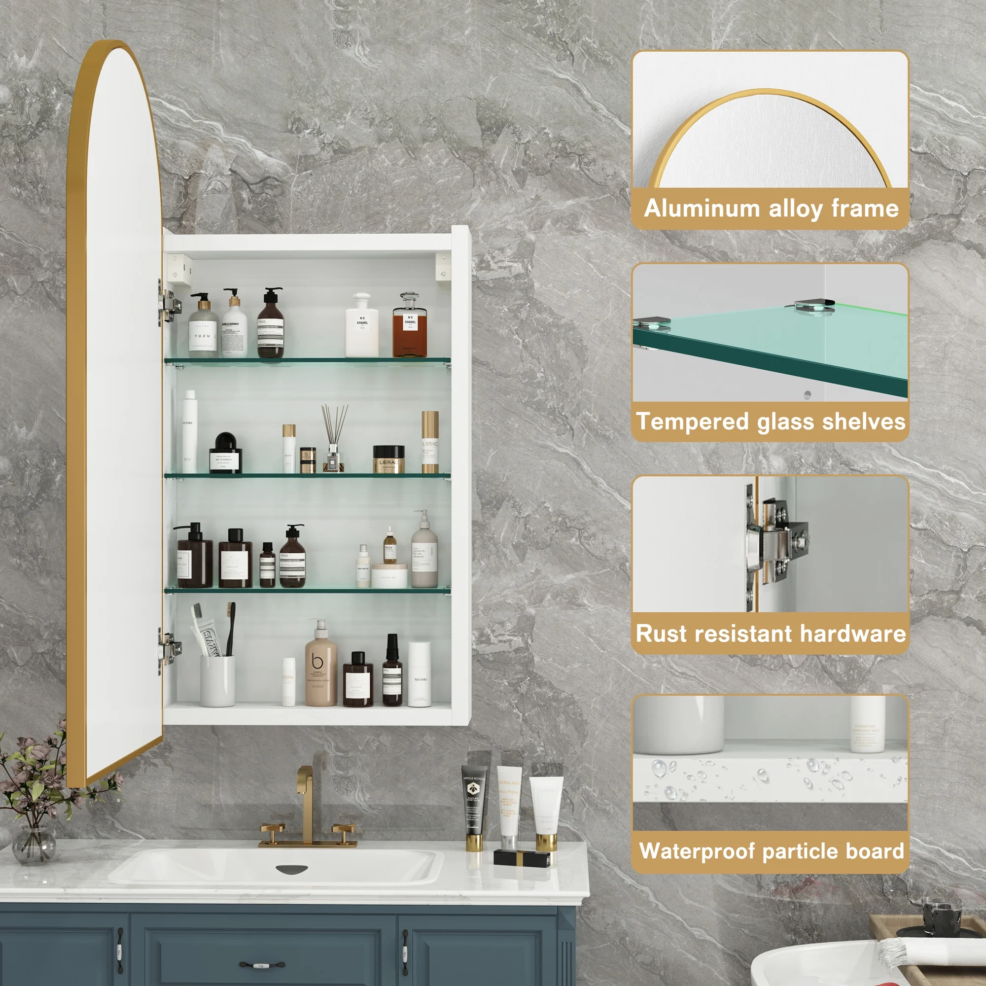 FKWin Arched Bathroom Medicine Cabinet with Mirror - Aluminum Framed Bathroom Mirror with Storage, Black Mirrored Medicine Cabinet, Wall Surface Mounted, 31.4"H x 15.7"W x 3.9"D