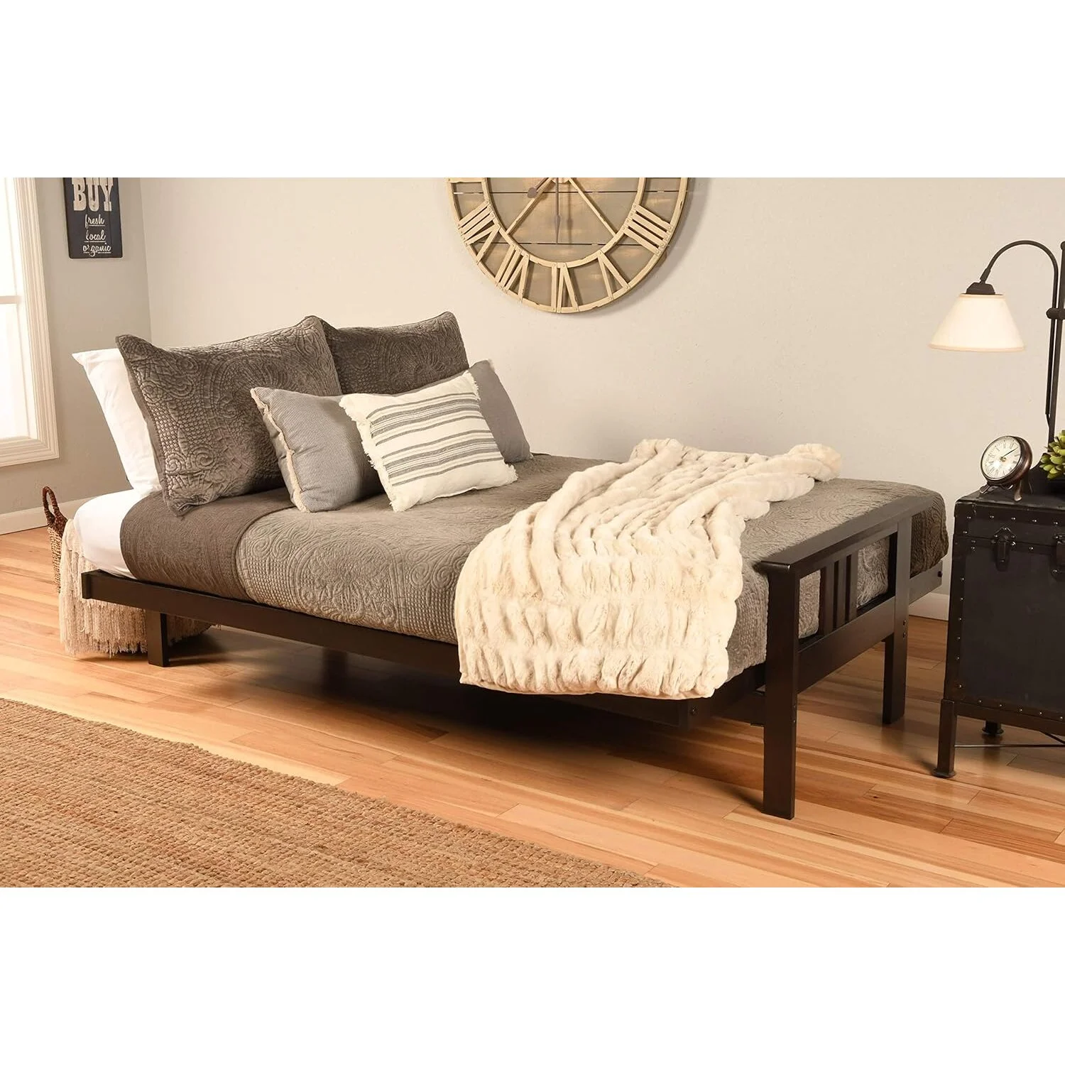 Homestock African Artifacts Full Size Futon Frame Set with Mattress, Easily Converts to Bed, Versatile Design Futon Frame for All Spaces, 33"H x 79"L x 37"D-Color:Linen Charcoal,Size:Barbados
