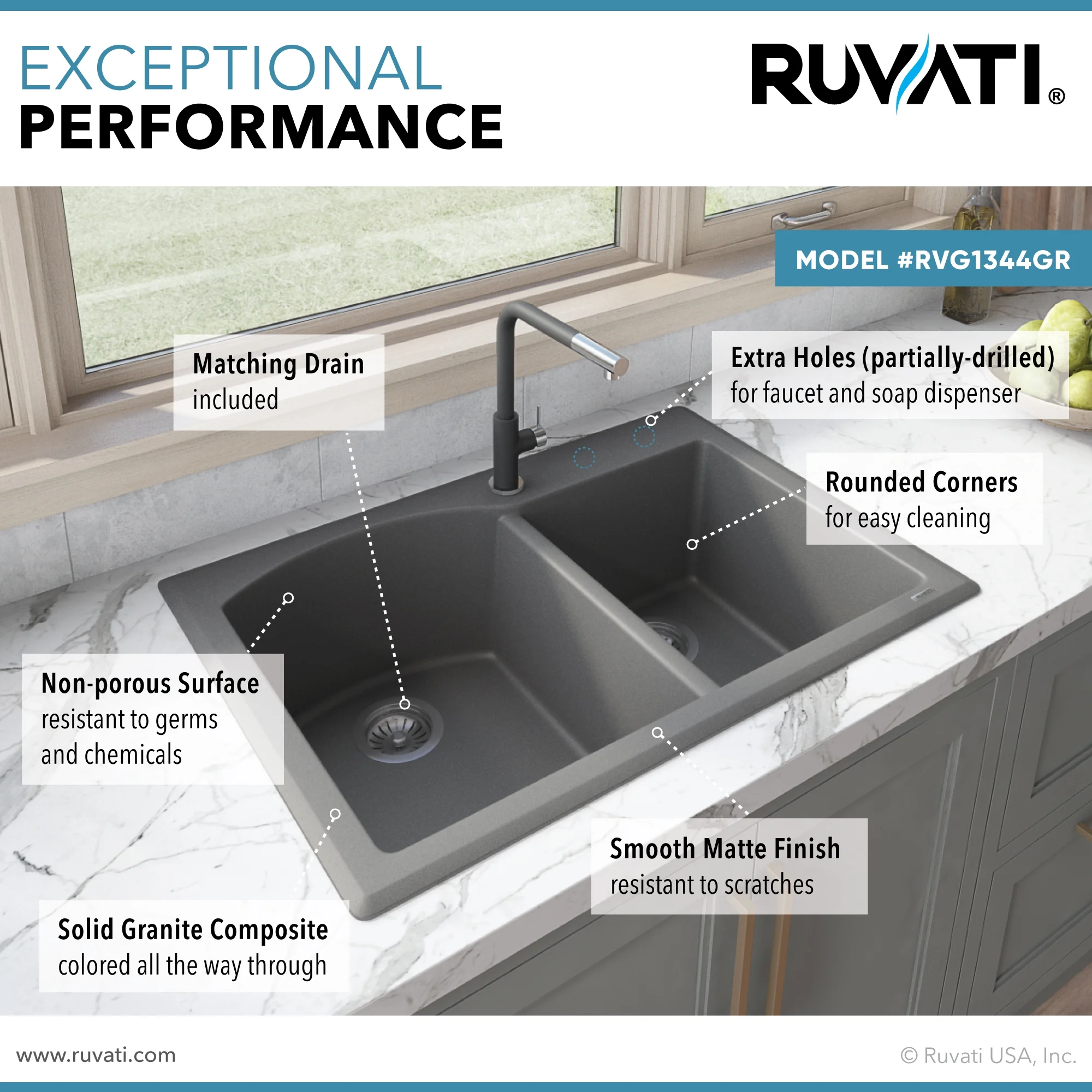 Ruvati RVG1344BK 33 x 22 inch epiGranite Kitchen Sink - Midnight Black
