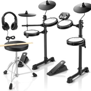 Donner DED-80 Electronic Drum Set, Electric Drum Set for Beginner with 4 Quiet Mesh Drum Pads, 2 Switch Pedal, 180+ Sounds, Throne, On-Ear Headphones, Sticks, and Melodics Lessons Included.