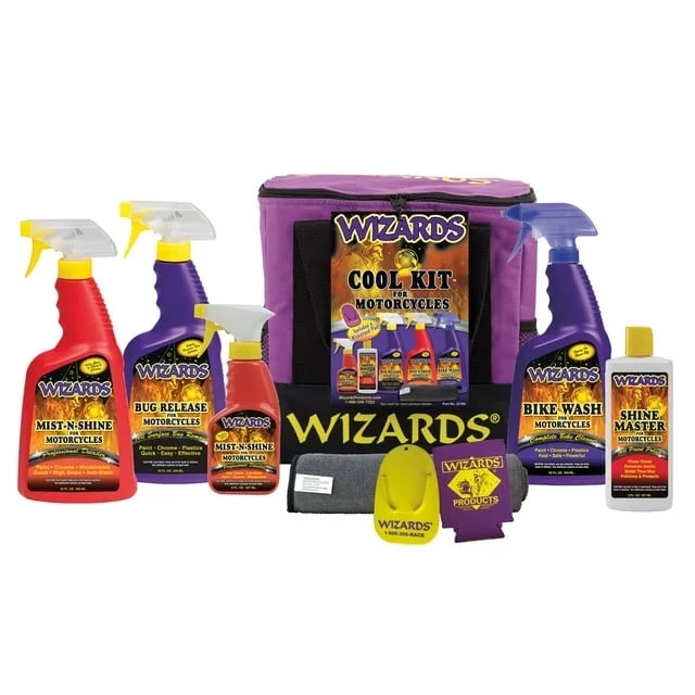 Wizards Motorcycle Cleaner Kits - 8 Piece Motorcycle Cool Kit - Saddlebag Sized Nylon Bag with Mist and Shine, Bug Release, Bike Wash, Shine Master, and Microfiber Cloth - 11 x 7 x 10.5 Inches