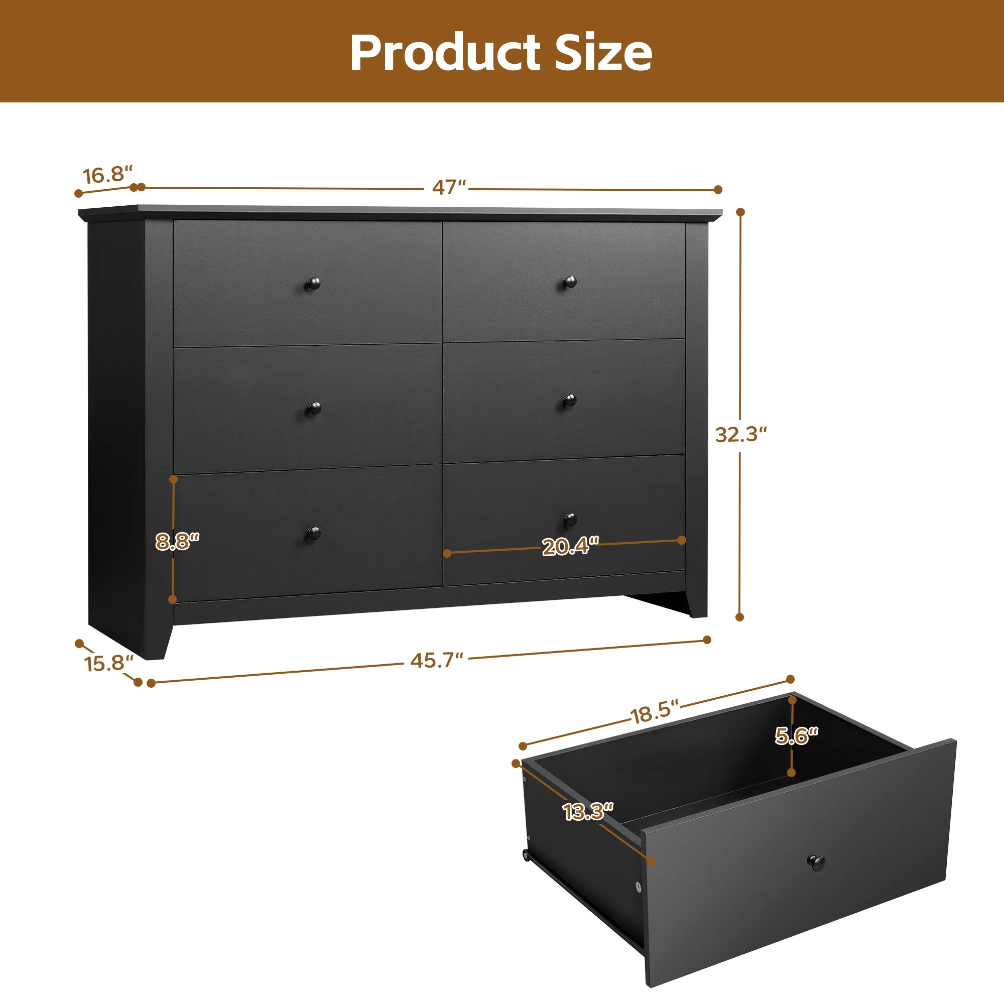 TrumanPick Black Dresser for Bedroom 6 Drawer Double Dresser Wood Wide Chest of Drawers for Living Room Hallway 47"L x 17"W x 33"H