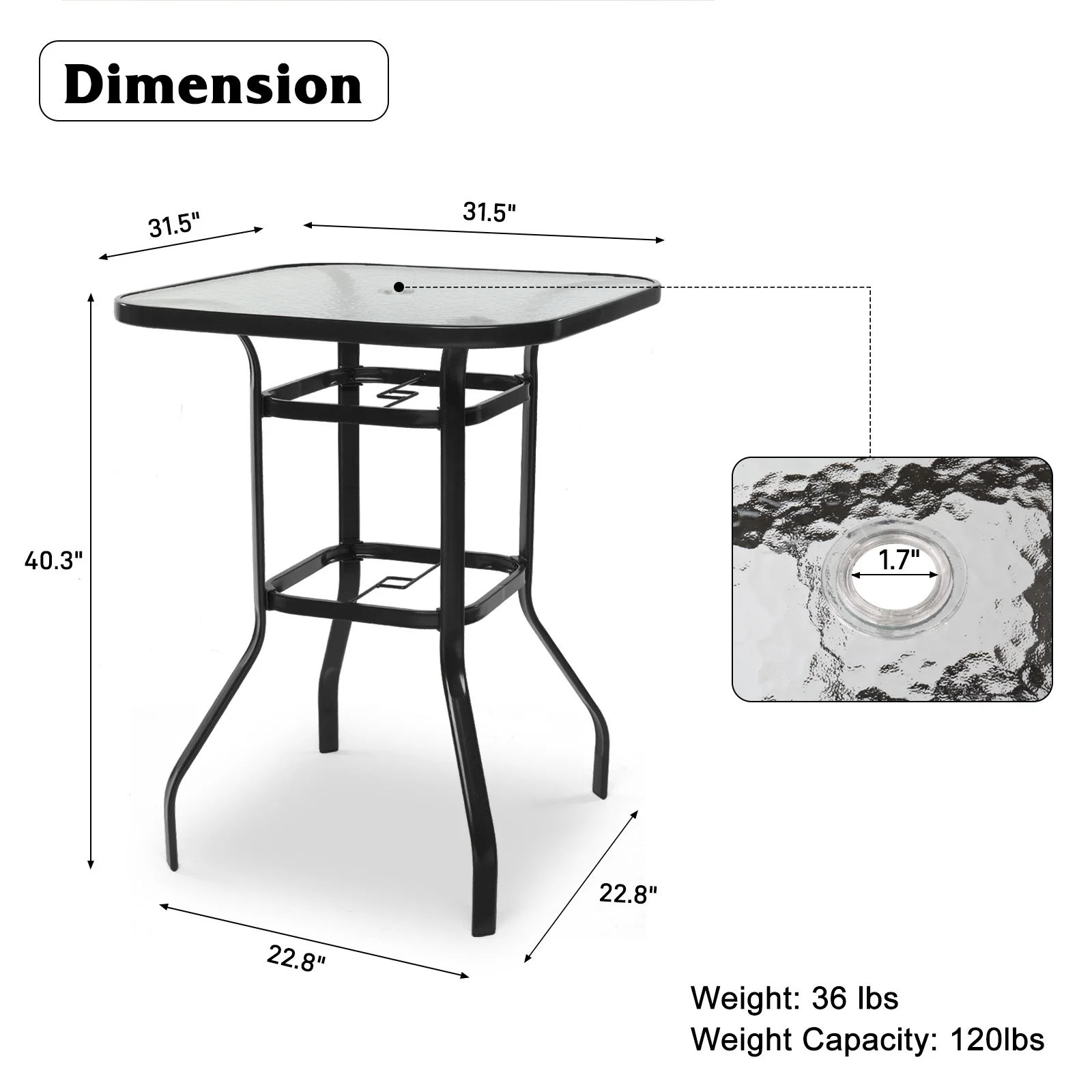 IVV Outdoor Patio Bar Height Bistro Table w/ Tempered Glass Top & 1.8" Umbrella Hole & Metal Frame, 31.5"L x 31.5"W x 39.8"H, Black & Clear