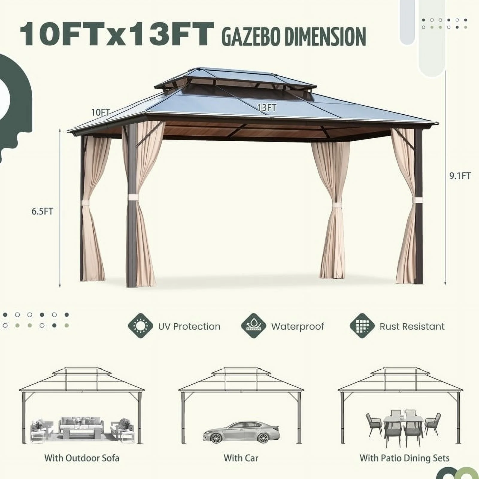 Erommy 10' x 13' Double Roof Hardtop Gazebo, Aluminum Frame Polycarbonate Roof