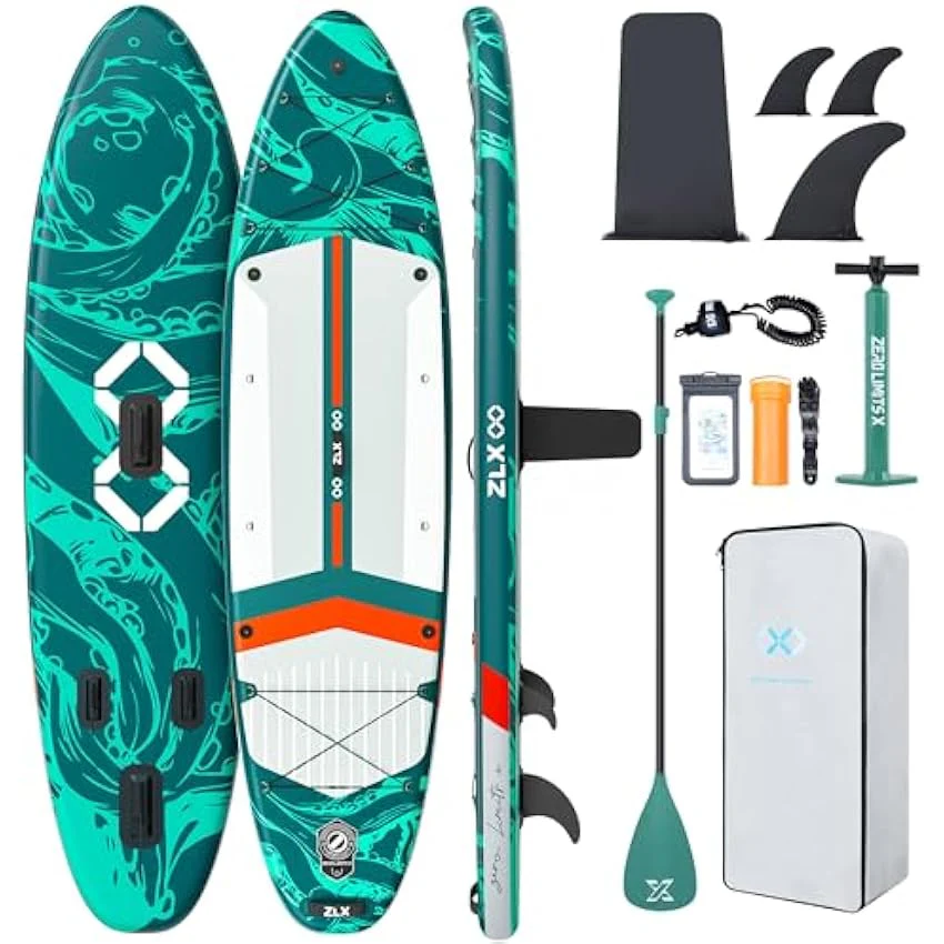 ZLX 11’6″ Extra Wide Inflatable Stand Up Paddle Board SUP, Stable Non-Slip Deck Pad, Unique Fin System and Premium iSUP Accessories – Portable Backpack & Upgraded Pump for Adults, All Skill Levels