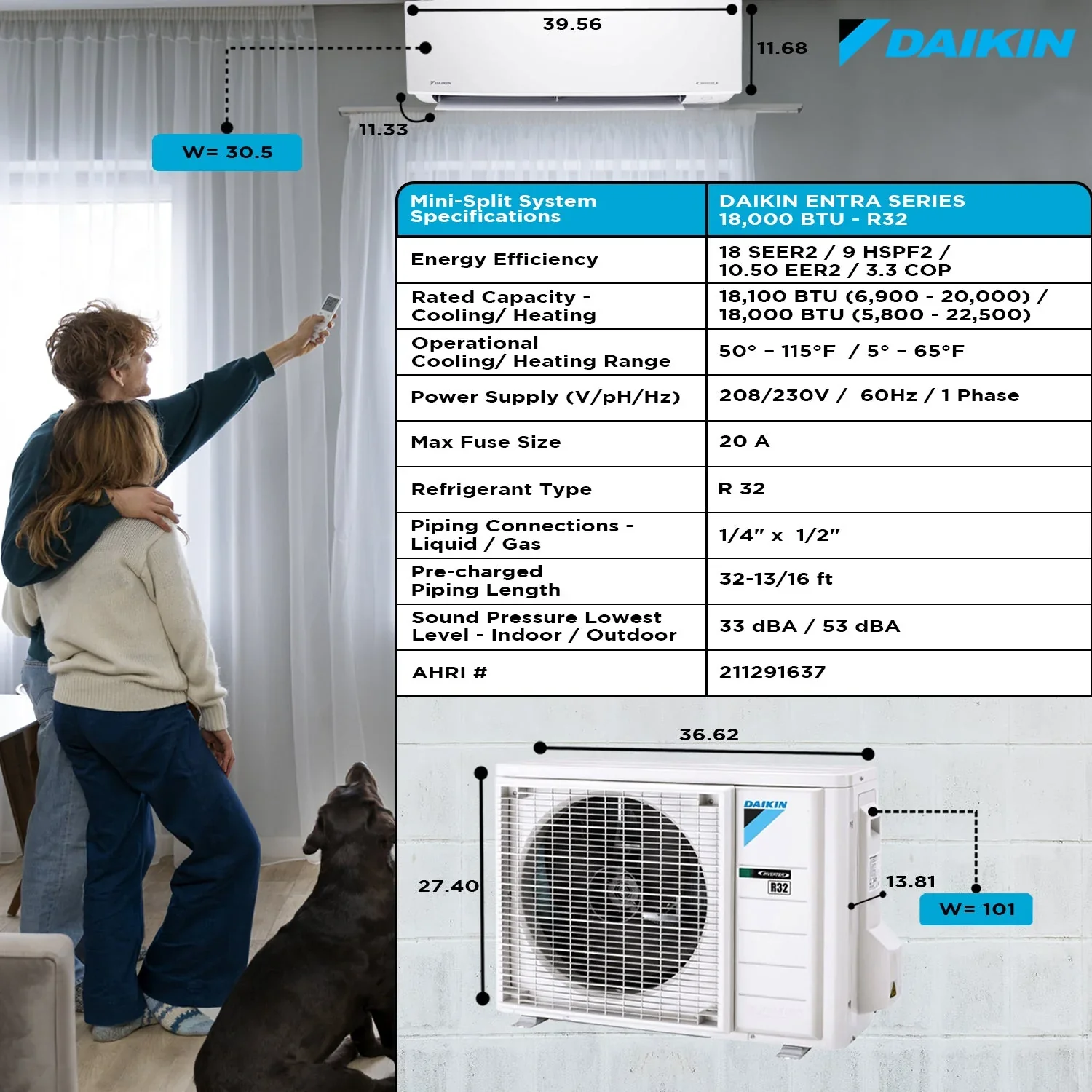 Daikin Ductless Mini-Split Air Conditioner 18000 BTU 18 SEER2 R32 - FTXC18AXVJU/RXC18AXVJU