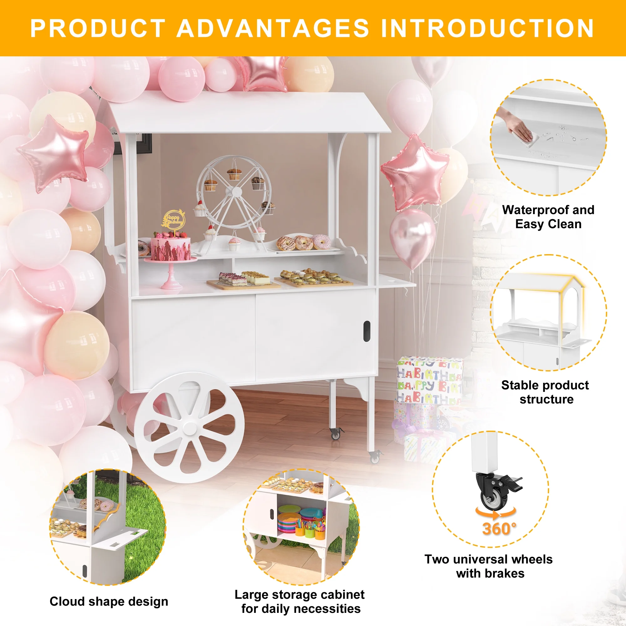 Candy Cart with Wheels for Party，Wood Dessert Cart with Storage Cabinet