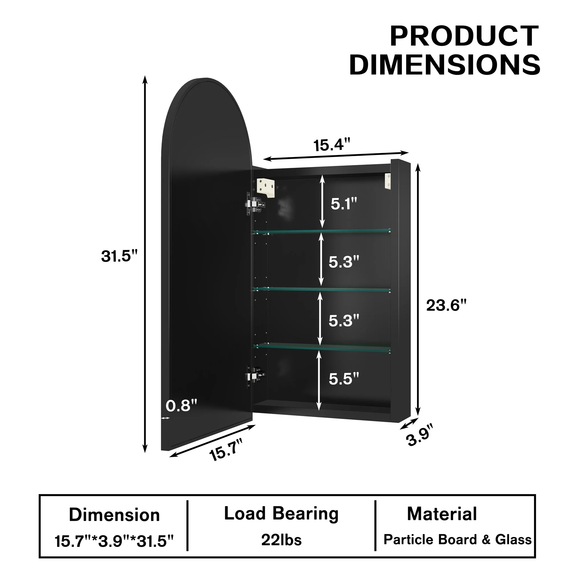 FKWin Arched Bathroom Medicine Cabinet with Mirror – Aluminum Framed Bathroom Mirror with Storage, Black Mirrored Medicine Cabinet, Wall Surface Mounted, 31.4″H x 15.7″W x 3.9″D