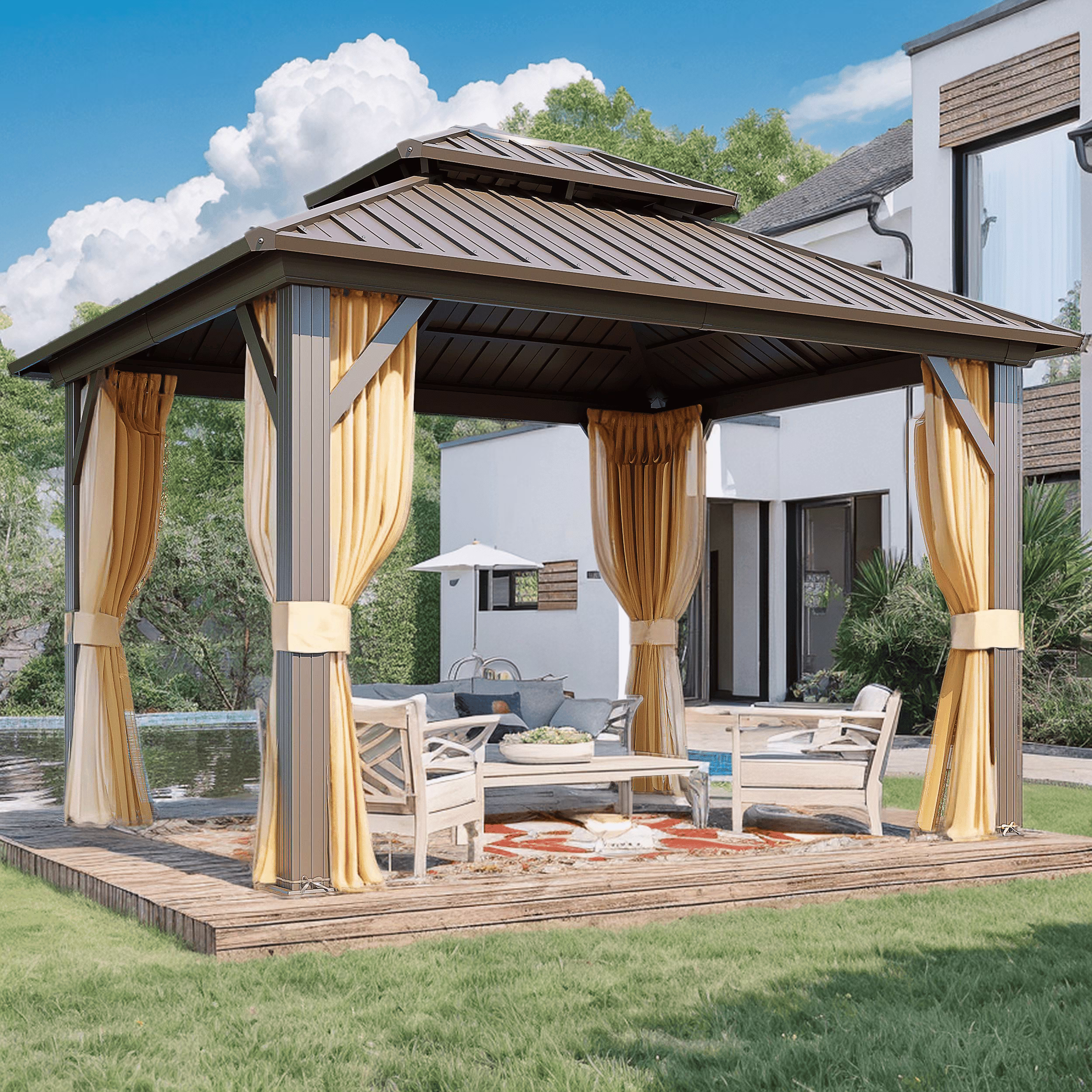 Hommow 10′ X 12′ Hardtop Gazebo Aluminum Frame Gazebo with Galvanized Steel Double Roof